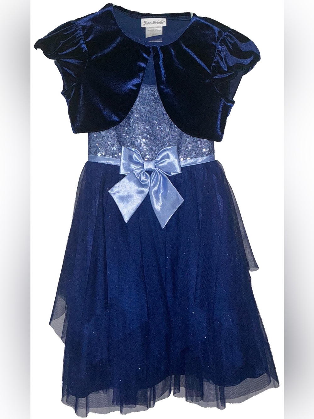 Jona Michelle Navy Blue Sequin & Tulle Bow Formal Dress